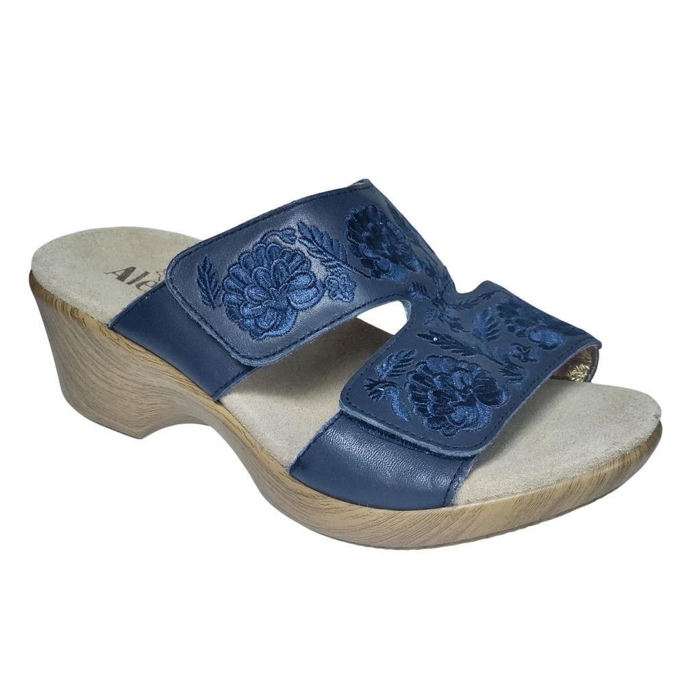 Alegria LIN-622N Navy Blue Leather Floral Embroidered Wedge Slide Sandals 38